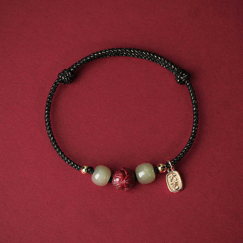Buddha Stones 14K vergoldetes Hetian Jade Zinnober Lotus Glück handgefertigtes Seilarmband - Schwarzes Seil (Handgelenkumfang 13–18 cm) - image 6