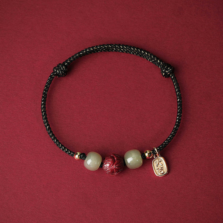Buddha Stones 14K vergoldetes Hetian Jade Zinnober Lotus Glück handgefertigtes Seilarmband - Schwarzes Seil (Handgelenkumfang 13–18 cm) - image 6