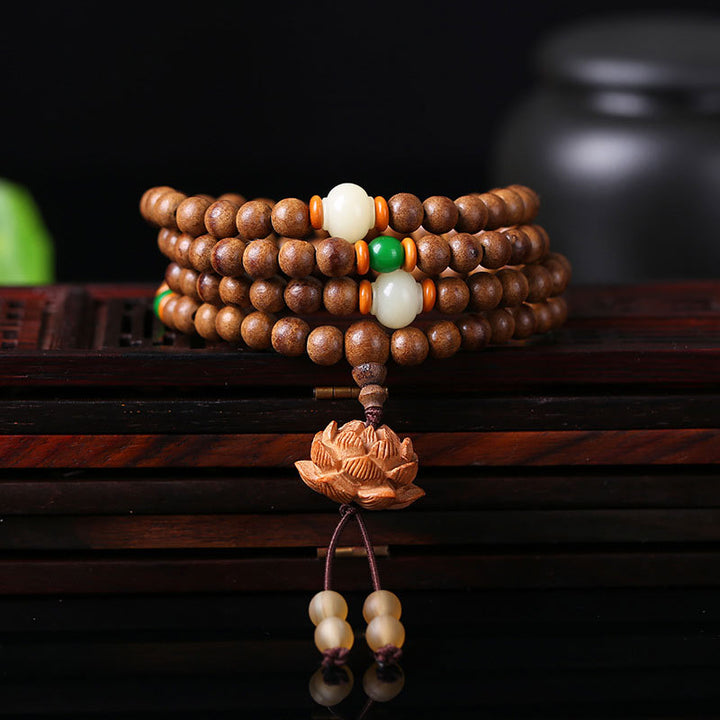 Buddha Stones, 108 Mala-Perlen, Pfirsichholz, Bodhi-Samen, Lotus-Gebet, Meditationsarmband