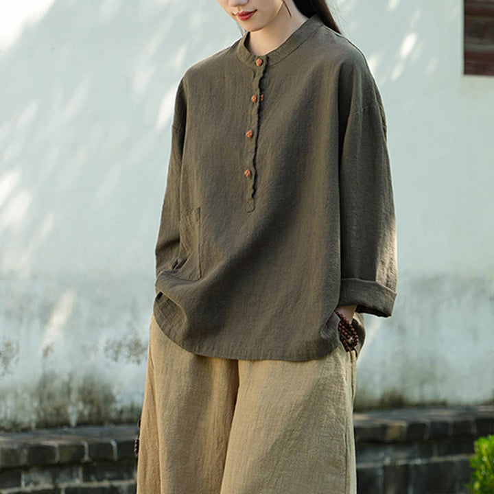 Buddha Stones Einfarbige, lockere Bluse mit Knöpfen, langärmeliges Hemdoberteil