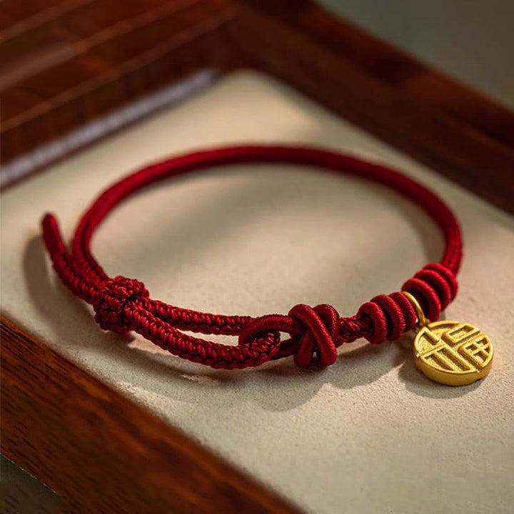Buddha Stones Handgefertigtes Armband aus rotem Seil mit acht Fäden, Friedensknoten und Fu-Zeichen-Anhänger – ein Symbol für Glück und Freude - image 2