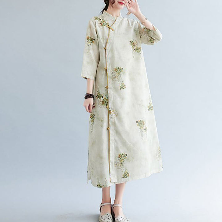 Cheongsam-Midikleid mit Buddha-Steinen, Blumen, Grün und Gelb, Blätter-Print, Dreiviertelärmel, mit Taschen