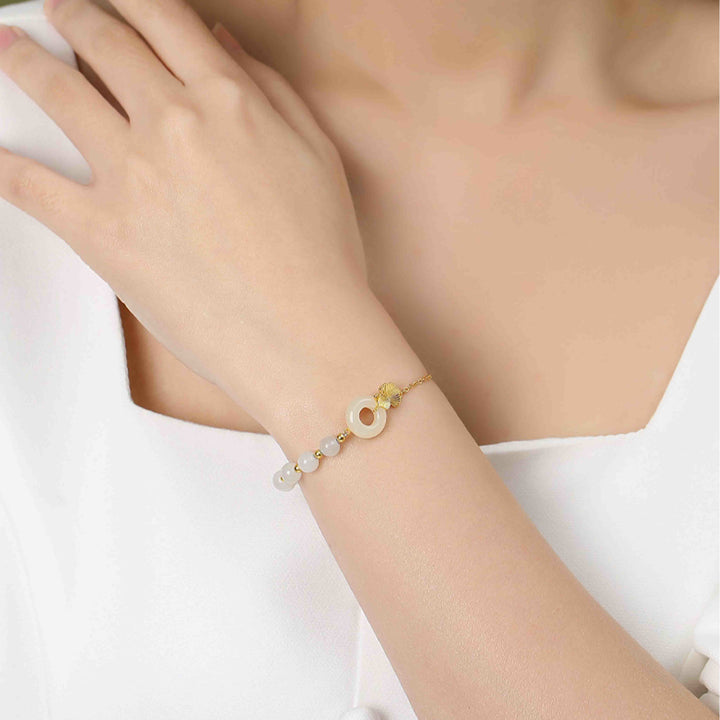 Buddha Stones 925 Sterling Silber Hetian Weiß Jade Friedensschnalle Ginkgoblatt Glücksarmband - image 2