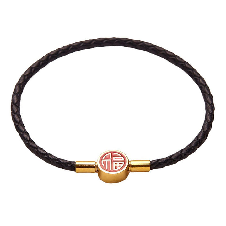 Buddha Stones Fu Charakter Blessing Fortune Lederarmband mit Schnalle