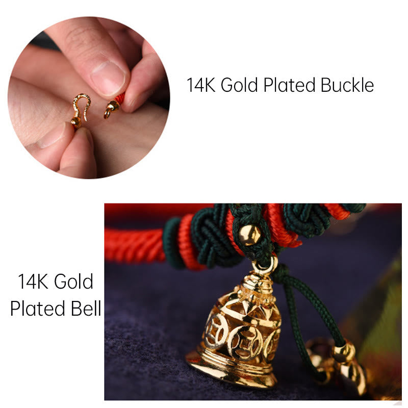 Buddha Stones 14K vergoldetes Kupfermünzen-Glocken-Granat-handgefertigtes rotes Seilarmband