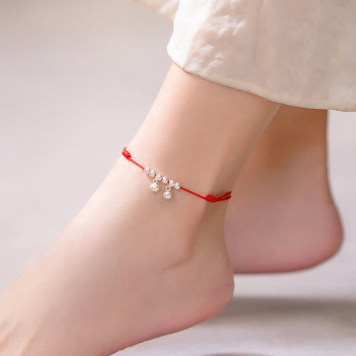 Buddha Stones 925 Sterling Silber Red String Braid Bell Charm Fußkettchen