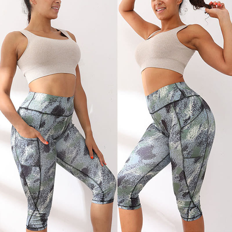 Buddha Stones Camo Print Einfarbige Sport-Yoga-Leggings mit hoher Taille für Damen Yoga-Caprihose