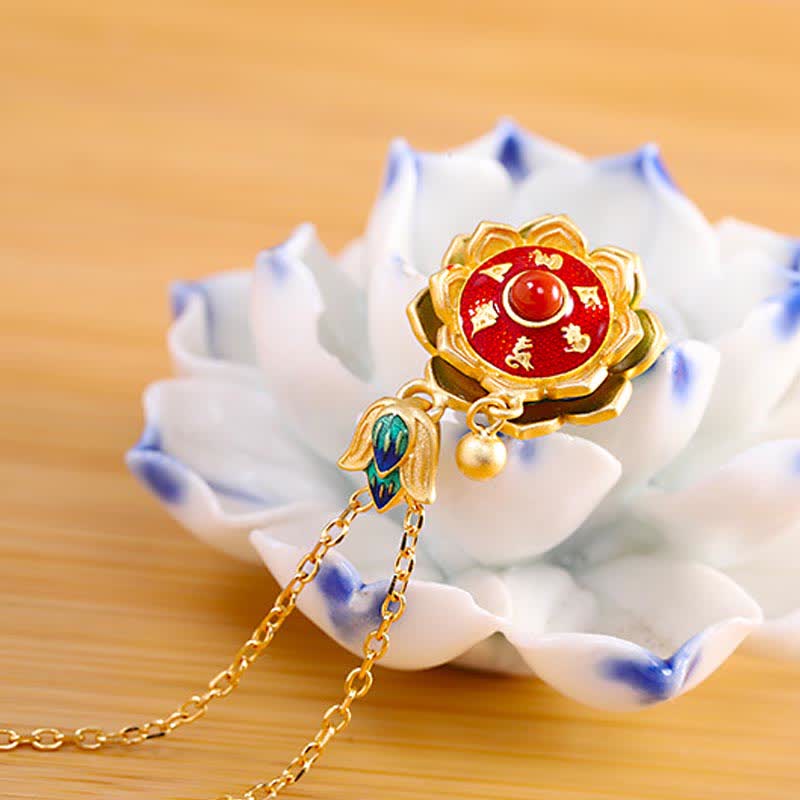 925 Sterling Silber Tibet Lotus Gebetsmühle Roter Achat Erleuchtung Halskette Anhänger - image 3