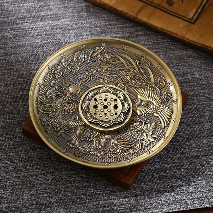 Buddha Stones, Lotus, Drache, Phönix, acht glückverheißende Symbole, Zinklegierung, Räucherstäbchenhalter, heilende Räuchergefäß-Dekoration - Drachen-Phoenix-Bronze (mit Lotus-Räucherstäbchen mit neun Löchern) - image 7