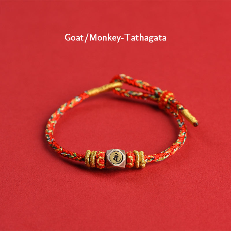 Buddha Stones 925 Sterling Silber Chinesisches Sternzeichen Natal Buddha Rot Buntes Seil Glück Handgefertigtes Armband