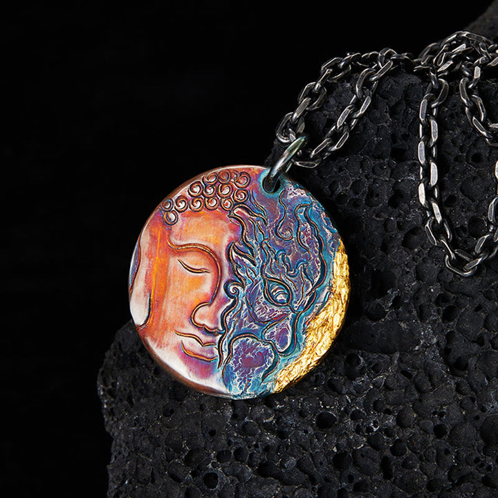 Buddha Stones 999 Sterling Silber 24K Gold Halb Dämon Halb Buddha Mitgefühl Halskette Anhänger - 999 Sterling Silber - image 1