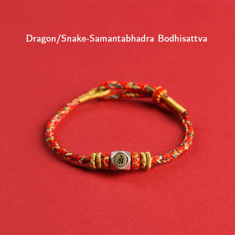 Buddha Stones 925 Sterling Silber Chinesisches Sternzeichen Natal Buddha Rot Buntes Seil Glück Handgefertigtes Armband