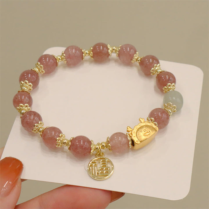 Buddha Stones, Jahr des Drachen, roter Achat, Erdbeerquarz, schwarzer Obsidian, Jade, Granat, Perle, Zinnober, Knödel, Drache, Glück, Fu, Charakter-Armband - Erdbeerquarz (Handgelenkumfang 14–19 cm) - image 11