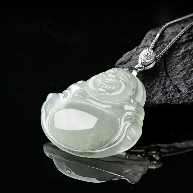 Buddha Stones aus natürlichem Jade, lachender Buddha, Symbol für Wohlstand und Fülle, an einer Kette aus Titanstahl - image 3