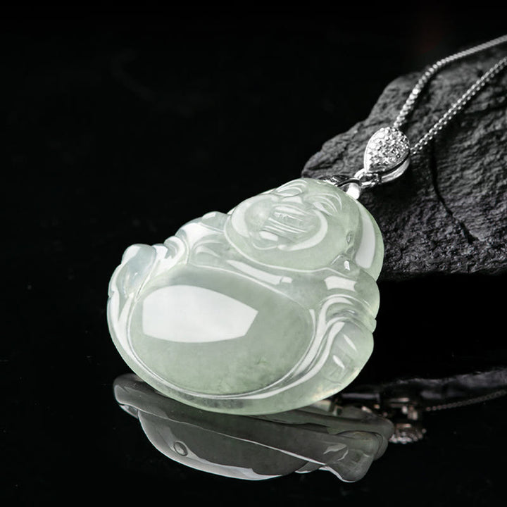 Buddha Stones aus natürlichem Jade, lachender Buddha, Symbol für Wohlstand und Fülle, an einer Kette aus Titanstahl - image 3