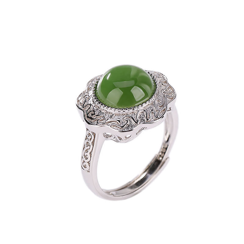 Buddha Stones 925 Sterling Silber Hetian Cyan Jade Blumendesign Glück verstellbarer Ring - image 5