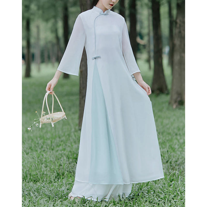 Buddha Stones Dreiviertelärmel Chiffon Cheongsam Midikleid Weite Hose Meditation Zen Praxis Kleidung