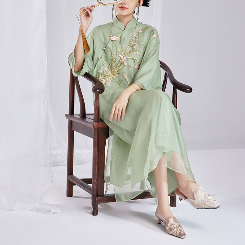 Buddha Stones 100 % Maulbeerseide 6 Momme Kleid Vintage Blume Schmetterling Stickerei Qipao Kleid Damen Cheongsam Kleid - image 13