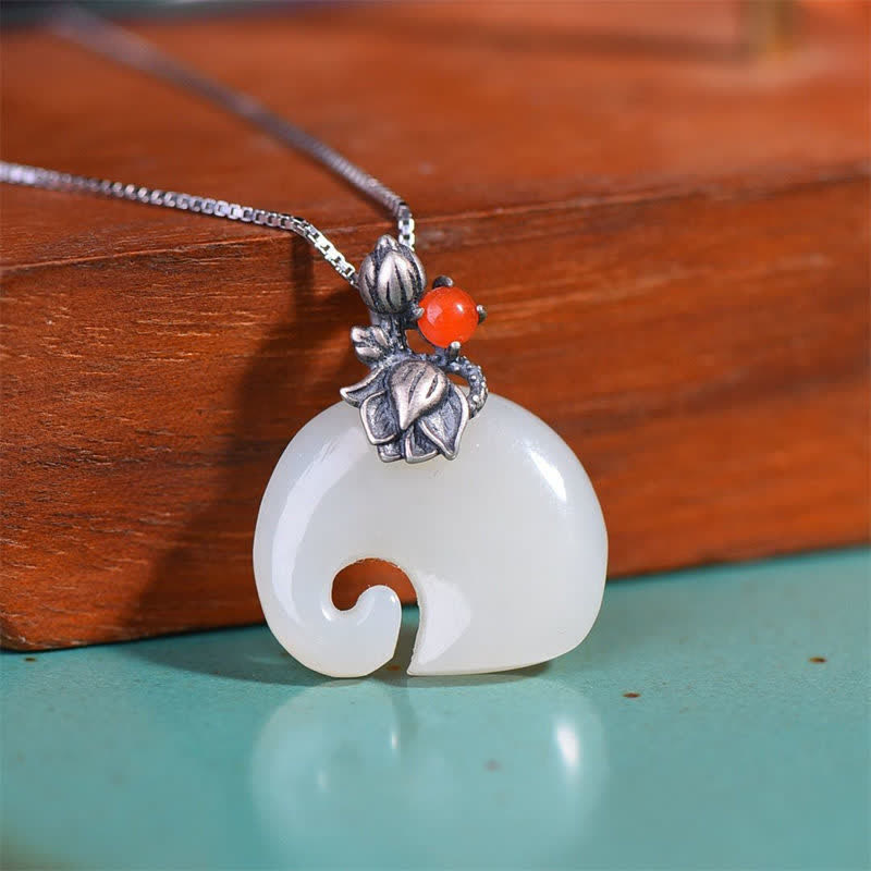 Weiß Jade-Elefant-Lotus-Schutz-Halskettenanhänger - Elefant & 45 + 5 cm Kette - image 1