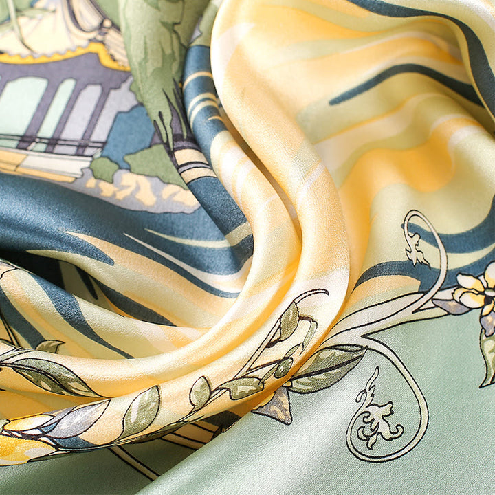 Halstuch mit Buddha Stonesn, pastorale Szene, Heißluftballon, Frühlingsblüten, 100 % Maulbeerseide - image 2