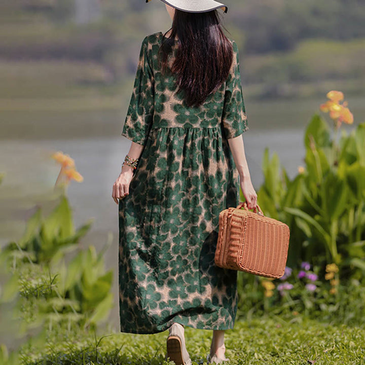 Midikleid mit Buddha-Steinen und Blumen-Print, Tunikakleid aus Baumwolle und Leinen mit Taschen