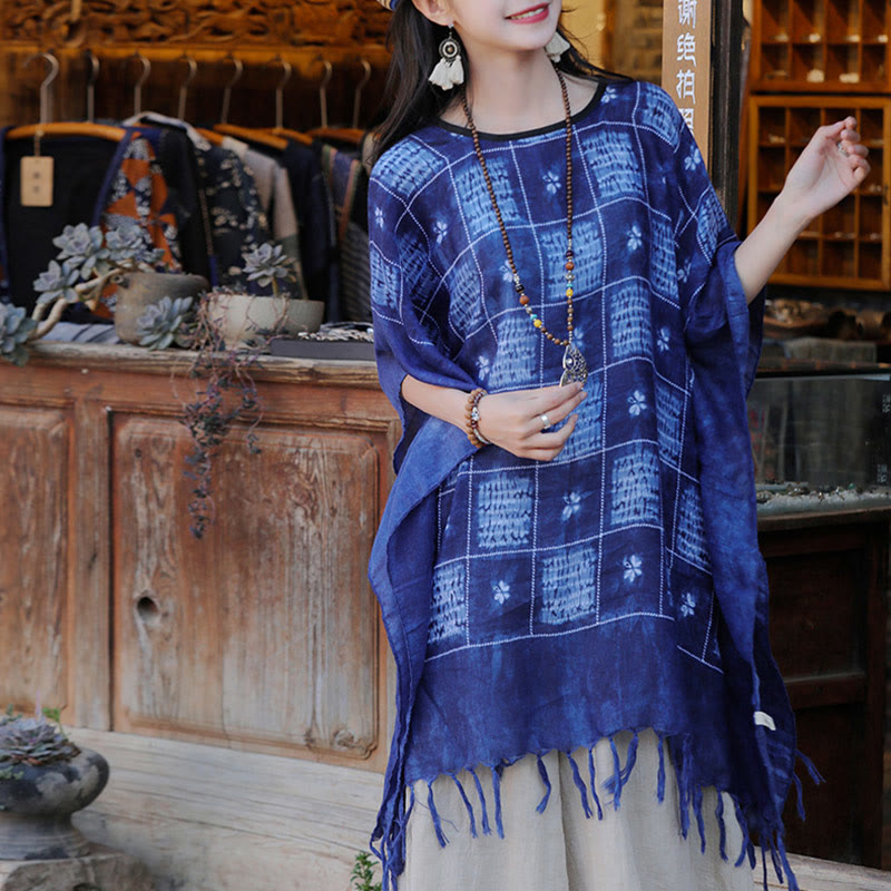 Buddha Stones Blau Farbblock Plaid Schal Quasten Weicher Pullover 90*95cm