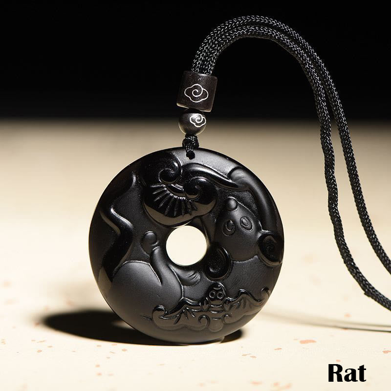 Buddha Stones, chinesisches Sternzeichen, natürlicher schwarzer Obsidian, Friedensschnalle, Stärke-Halsketten-Anhänger - Ratte - image 13