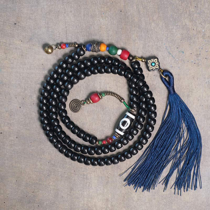Buddha Stones 108 Perlen Mala Ebenholz Holz Dzi Perle Kupfer Balance Quaste Armband - 16–17,5 cm - image 0