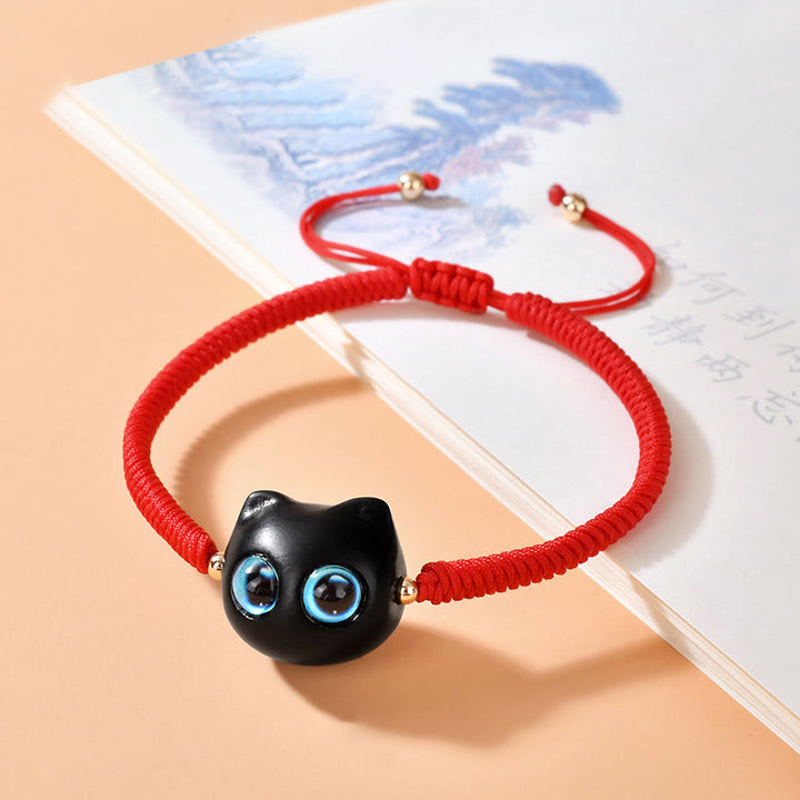 Buddha Stones Ebenholz-Katzenkopf-Muster, geflochtenes Armband mit Friedens-King-Kong-Knoten - Rotes Seil (Handgelenkumfang 14–18 cm) - image 9
