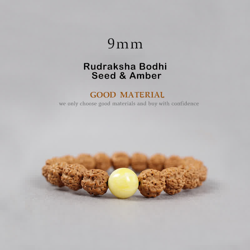 Buddha Stones Tibet Rudraksha Bodhi Seed Dzi Bead Bernstein Türkis Reichtum Armband - 9 mm - Rudraksha Bodhi-Samen & Bernstein - image 2