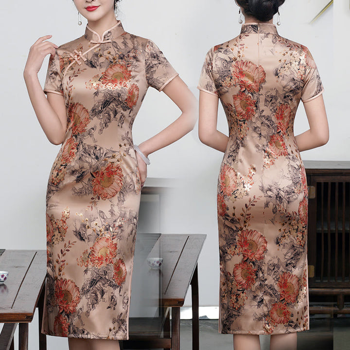 Buddha Stones Retro Blume Lotus Pfingstrose Feder Druck Qipao Kleid Damen Cheongsam Kleid