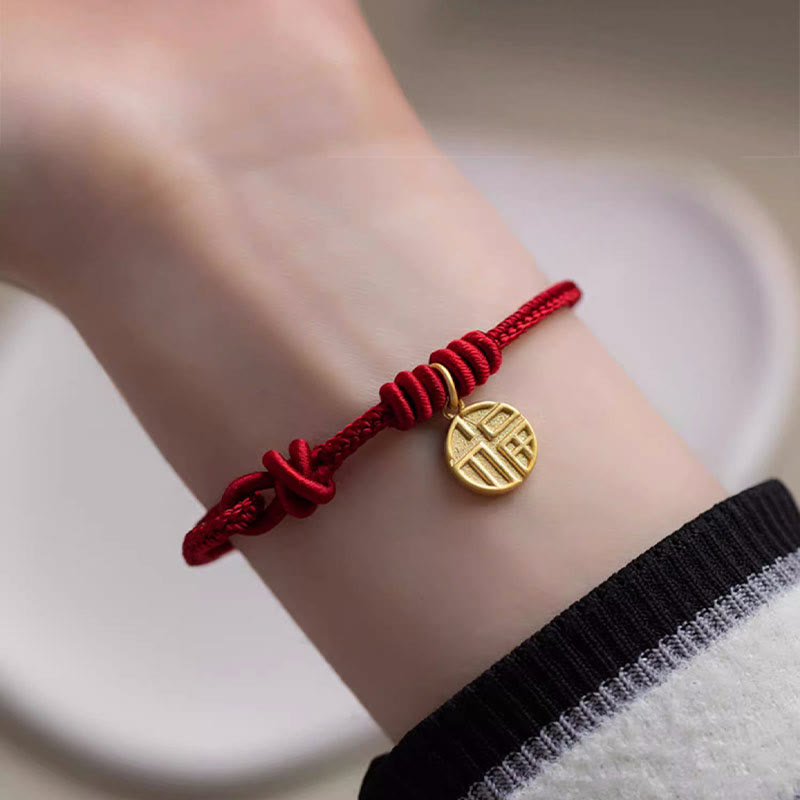 Buddha Stones Handgefertigtes Armband aus rotem Seil mit acht Fäden, Friedensknoten und Fu-Zeichen-Anhänger – ein Symbol für Glück und Freude - image 4