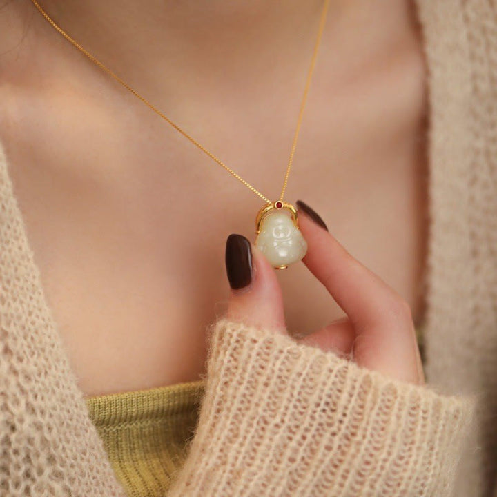 Buddha Stones 925 Sterling Silber natürliche Hetian Jade lachender Buddha Fülle Kette Halskette Anhänger - image 3