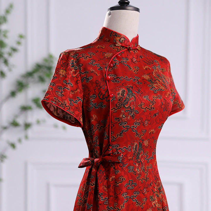 Buddha Stones Vintage Auspicious Clouds Leaf Print Cheongsam Kleid Damen Qipao Kleid