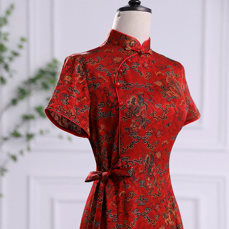 Buddha Stones Vintage Auspicious Clouds Leaf Print Cheongsam Kleid Damen Qipao Kleid