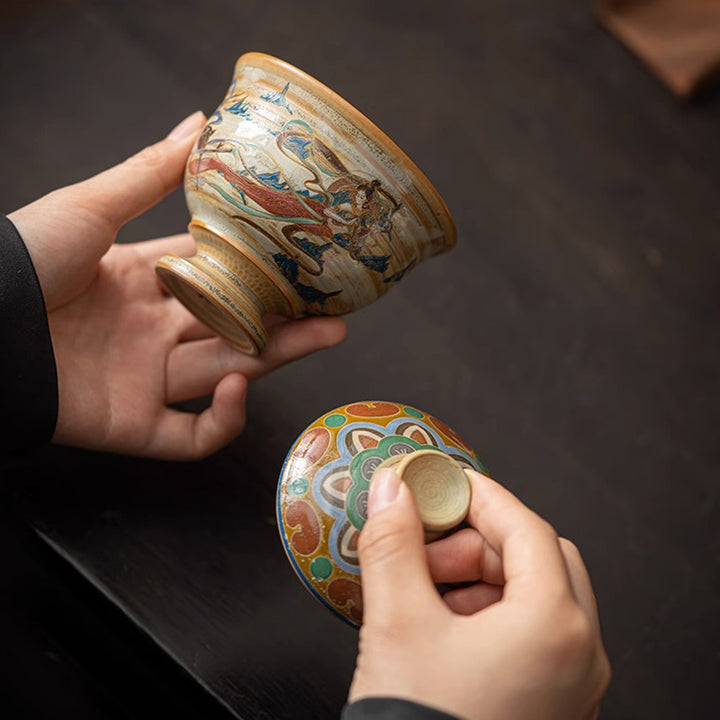 Buddha Stones Dunhuang Flying Apsaras Gaiwan Sancai Teetasse aus Keramik, Kung Fu Teetasse mit Deckel