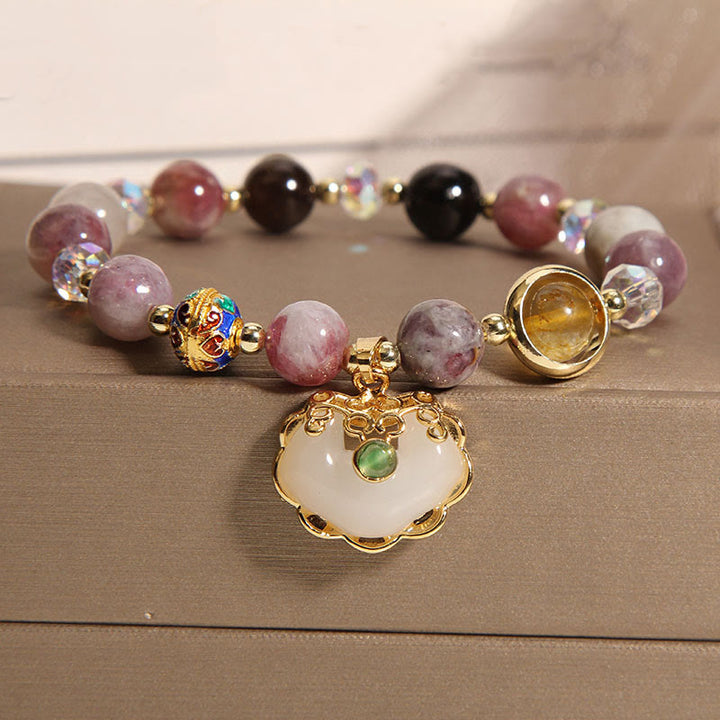 Buddha Stones Erdbeerquarz grüner Kristall Amethyst Heilung chinesisches Schloss Charm Armband