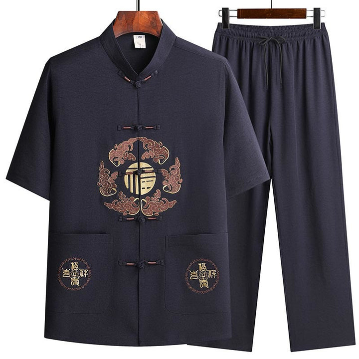 Buddha Stones Fu Charakter Tang Anzug Hanfu Traditionelle Uniform Kurzarm Oberteil Hosen Kleidung Herren Set