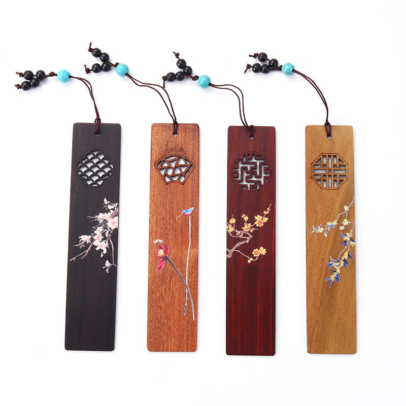 Buddha Stones 4 Stück Vier Jahreszeiten Pflaumenorchidee Bambus Chrysantheme Pekingoper Maske Holz Lesezeichen mit Geschenkbox - image 14