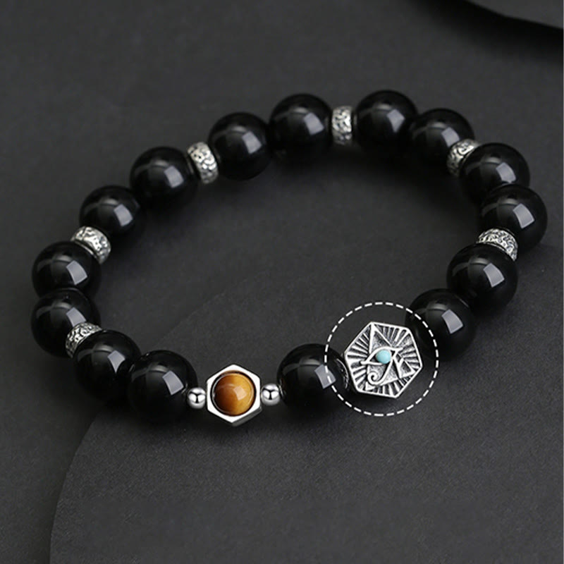Buddha Stones 925 Sterling Silber Schwarzer Obsidian Tigerauge Auge der Vorsehung Reinigungsarmband - image 10