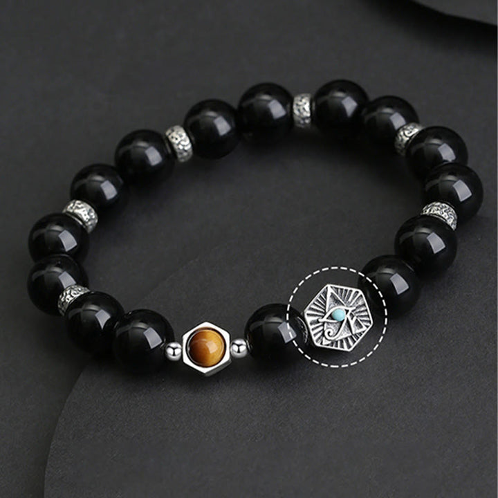 Buddha Stones 925 Sterling Silber Schwarzer Obsidian Tigerauge Auge der Vorsehung Reinigungsarmband - image 10