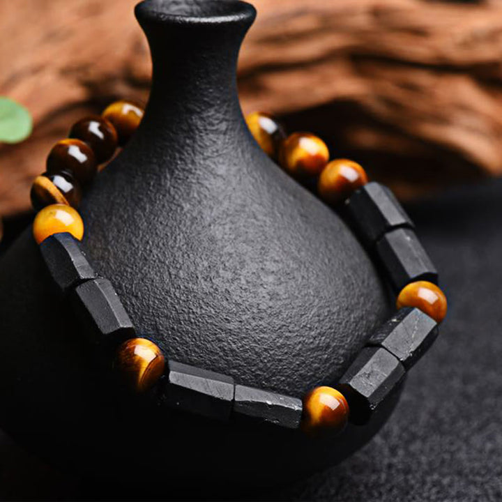 Buddha Stones Natürliches schwarzes Turmalin-Tigerauge-Positiv-Armband