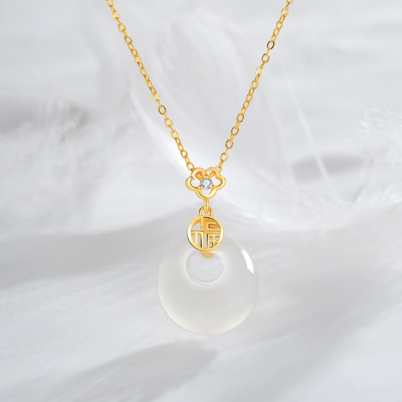 Buddha Stones 925 Sterling Silber Weißer Achat Fu Charakter Glück Halskette Anhänger - Gold - image 1