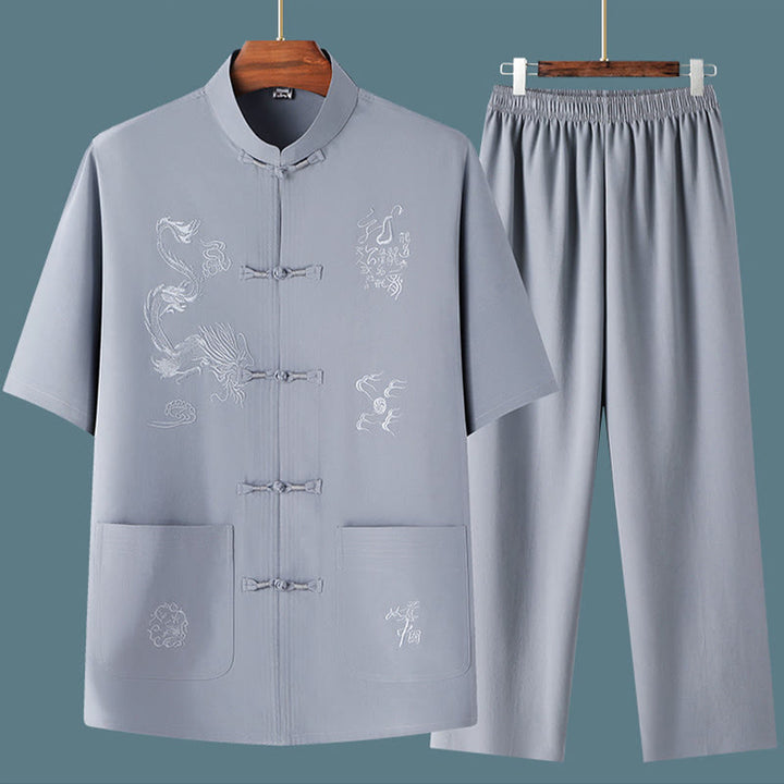 Buddha Stones Tang Anzug Hanfu Chinesischer Drache Traditionelle Kung Fu Uniform Kurzarm Tops und Hosen Kleidung Herren Set - image 7