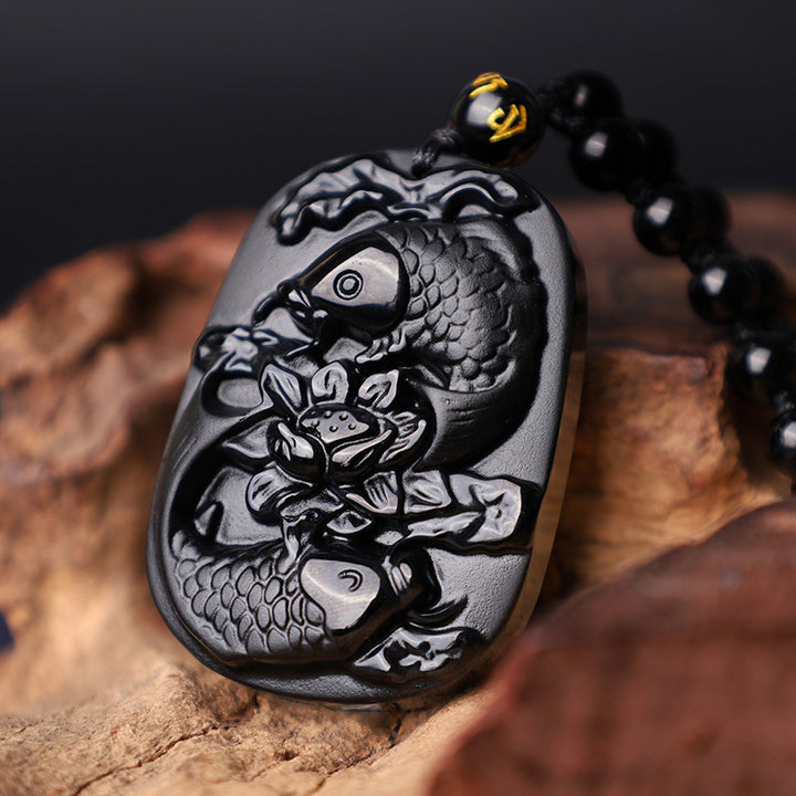 Buddha Stones Perlen-Anhänger, natürlicher schwarzer Obsidian, Koi-Fische, Lotusstärke