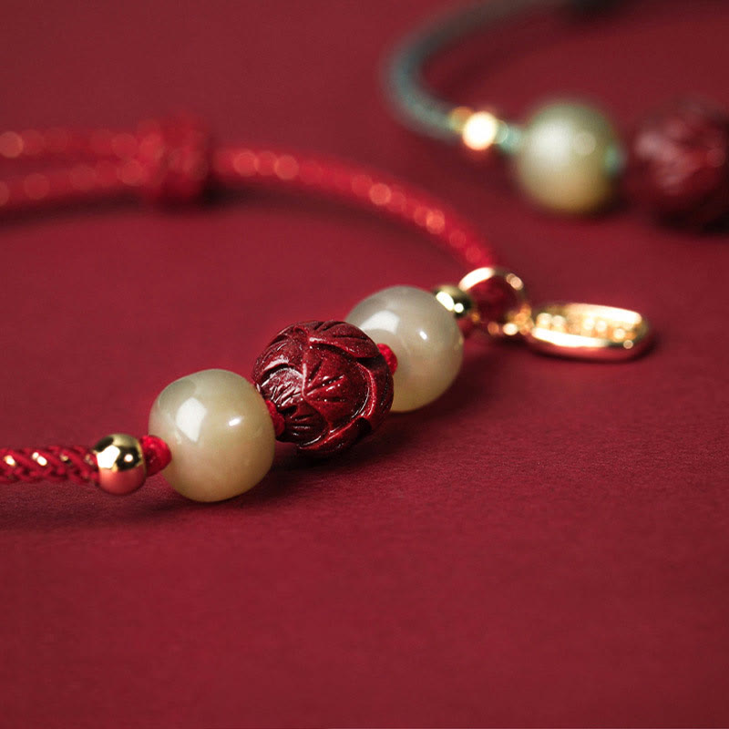 Buddha Stones 14K vergoldetes Hetian Jade Zinnober Lotus Glück handgefertigtes Seilarmband - image 3