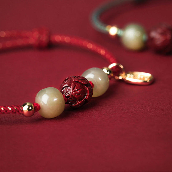 Buddha Stones 14K vergoldetes Hetian Jade Zinnober Lotus Glück handgefertigtes Seilarmband - image 3