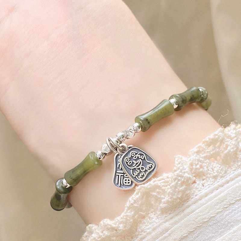 Buddha Stones Armband aus 925er-Sterlingsilber, Bambus-Jade, Glückskatze, Fu-Charakter, Glücksfülle - image 13