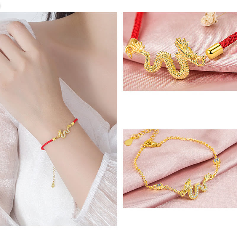 Buddha Stones 925 Sterling Silber Jahr des Drachen verheißungsvoller goldener Drache Glück rotes Seilkettenarmband