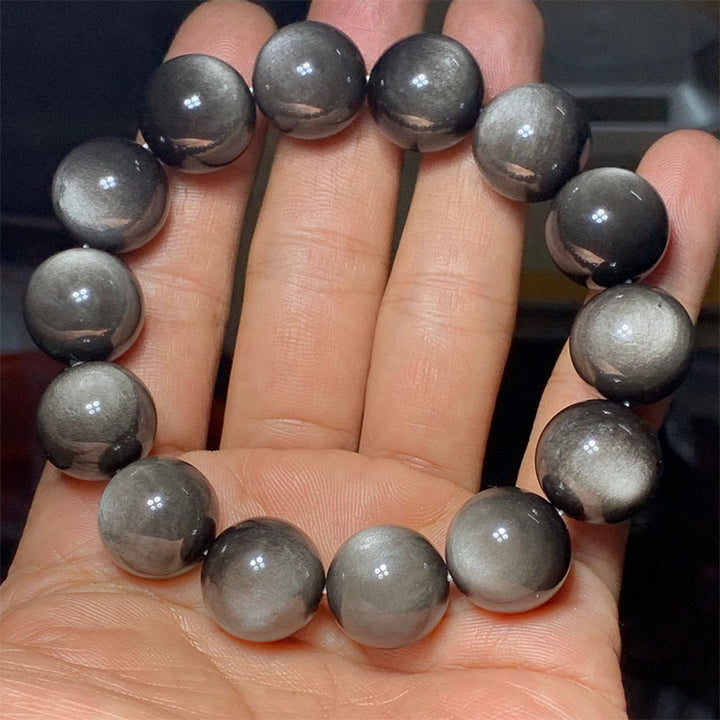 Buddha Stones Natürliches Obsidian-Armband mit silbernem Glanz und beruhigendem Schutz